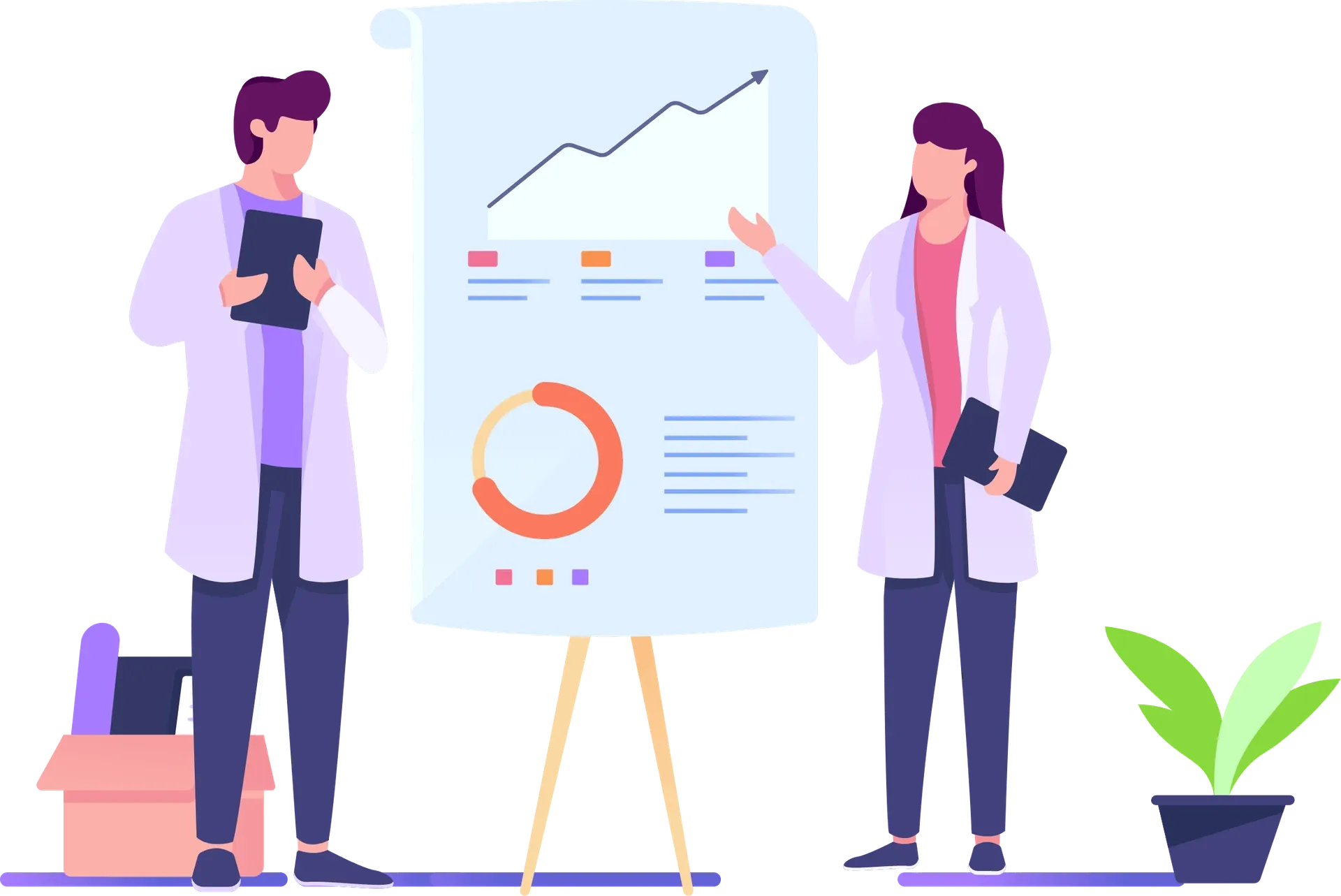 Illustration of woman presenting data on an easel 